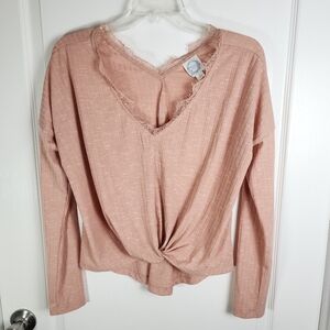 Women's Francescas Blue Rain Lace V Neck Knotted Front Top